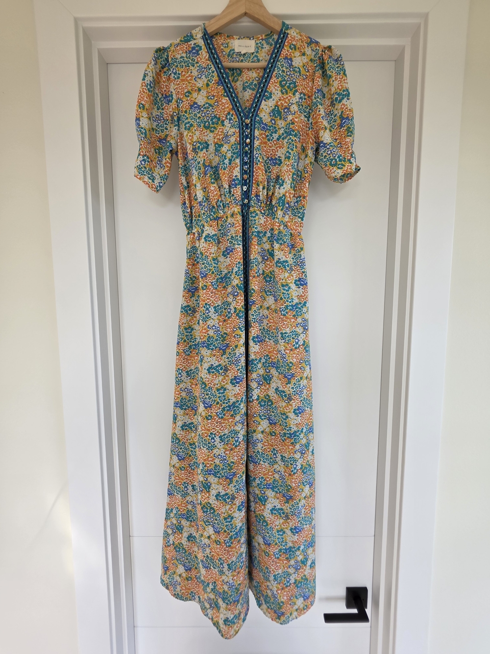 Melloday Women's Floral V-Neck Puff Sleeve Top - Yellow Multi Color Maxi Dress
